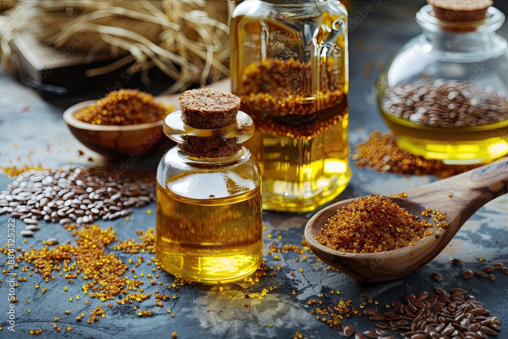 Golden flaxseed oil in glass bottles with flax seeds and linseed on dark background Golden flaxseed oil in glass bottles with flax seeds and linseed on dark background