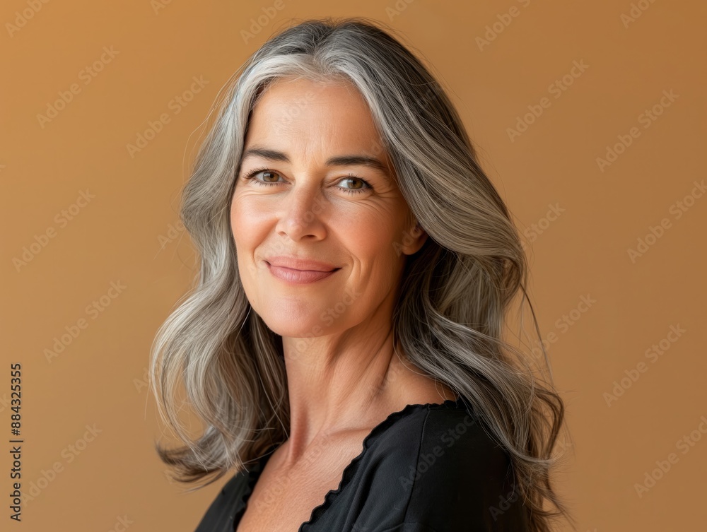 Fototapeta premium Studio portrait of a confident mature woman with grey hair, exuding elegance and natural beauty, ideal for lifestyle and beauty concepts.