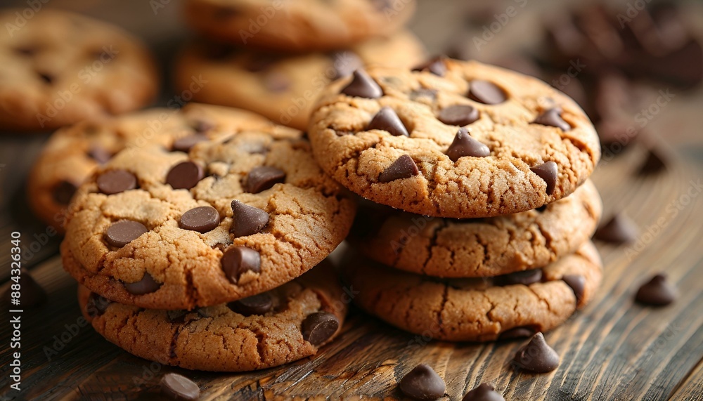 Chocolate chip cookies arranged on a rustic wooden table. Chocolate chip cookies arranged on a rustic wooden table.