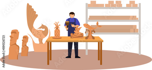 wood sculpture vector illustration, carpentry carving wood in workbench illustration