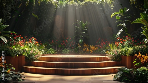 A beautifully lit wooden stage surrounded by an array of colorful flowers and lush green foliage with sunlight streaming through, creating a serene and inviting ambiance.