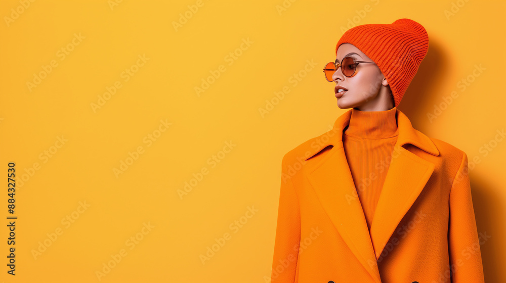 Fototapeta premium a woman dressed in fashionable autumn attire in shades of orange and yellow, clean and stylish