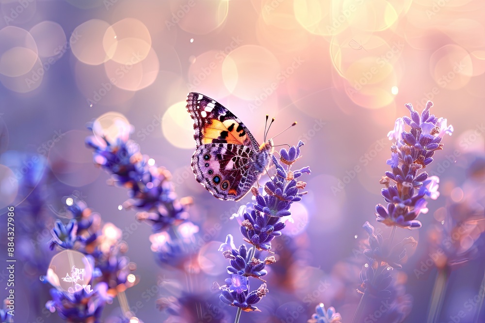 Butterfly gently perched on a lavender flower in a field of lavender Butterfly gently perched on a lavender flower in a field of lavender