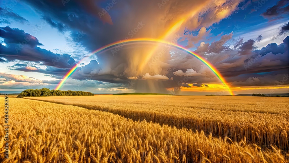 Rainbow over a golden wheat field, creating a double rainbow effect in the late evening sky, Rainbow Rainbow over a golden wheat field, creating a double rainbow effect in the late evening sky, Rainbow