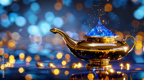 Magical blue genie and golden lamp, money wish granted photo