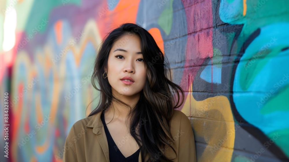 A portrait of a fashionable Asian woman with black hair, wearing casual outfit, posing for photoshooting in front of a colorful graffiti wall outdoor. Spray paint, creative design and artwork A portrait of a fashionable Asian woman with black hair, wearing casual outfit, posing for photoshooting in front of a colorful graffiti wall outdoor. Spray paint, creative design and artwork