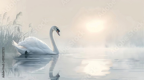 Fototapeta Naklejka Na Ścianę i Meble -  A graceful swan glides through the still waters of a lake at dawn, its white feathers glowing in the soft light.