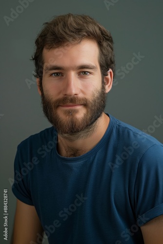 A portrait of a bearded man in a blue shirt against a neutral background, conveying confidence and simplicity. Ideal for portrait, fashion, and lifestyle-themed projects.