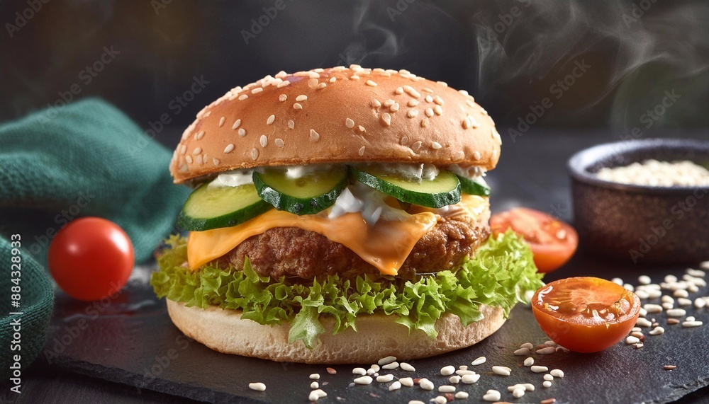 juicy hot burger with cutlet, tomatoes, cheese, cucumbers on a dark background.
juicy hot burger with cutlet, tomatoes, cheese, cucumbers on a dark background.