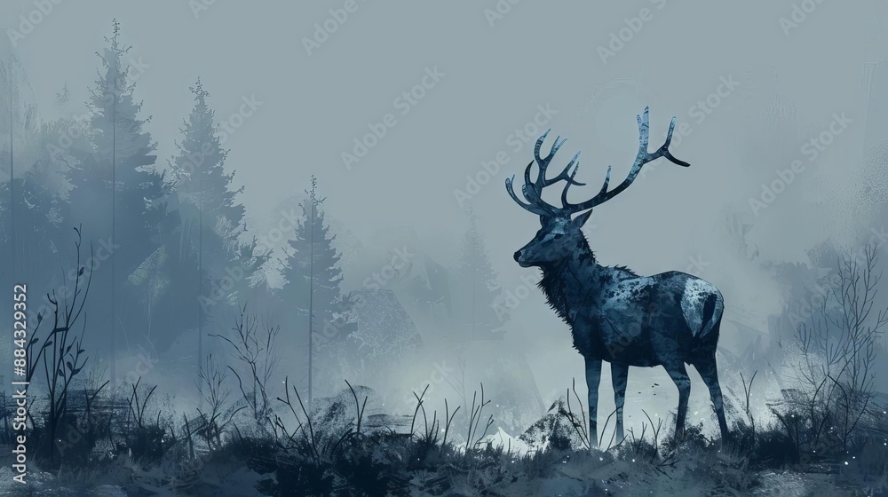 majestic deer stands in the middle of a foggy forest. The blue-gray color scheme creates a sense of mystery and wonder. majestic deer stands in the middle of a foggy forest. The blue-gray color scheme creates a sense of mystery and wonder.