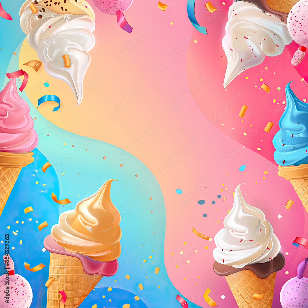 National Ice Cream Day banner with colorful cones, sundaes, and popsicles. Background with vibrant gradient, confetti, sparkles, and balloons. Exudes joy and celebration.