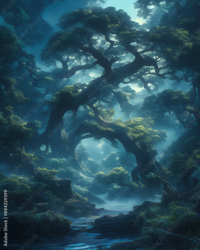 Fototapeta premium mysterious forest with ancient twisted trees and a soft blue glow illuminating the lush foliage