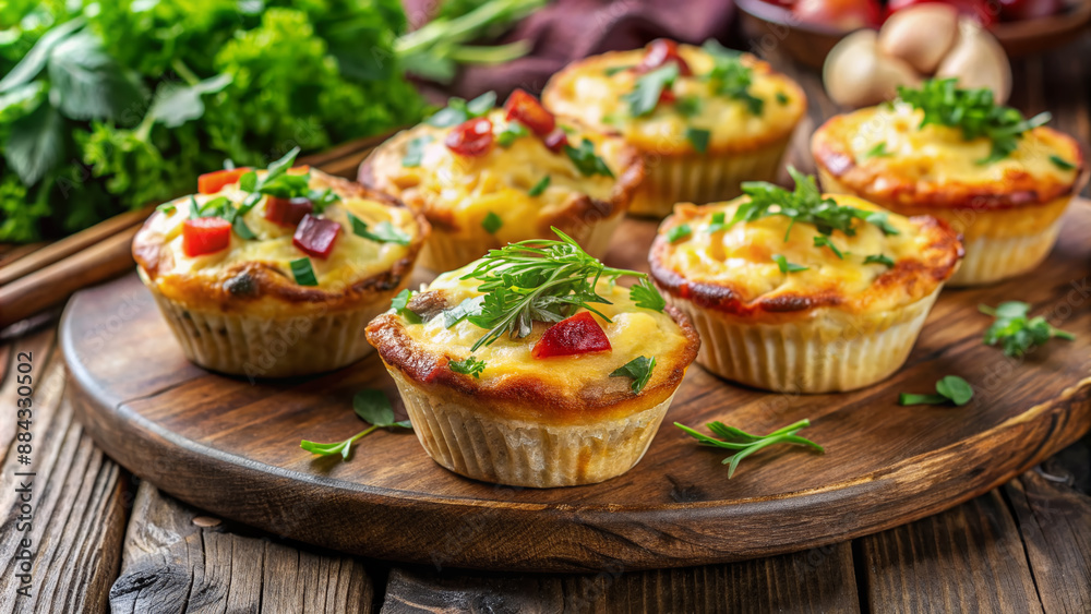 Freshly baked crispy egg muffins filled with melted cheddar cheese and crispy smoked bacon, served on a rustic wooden board with a side of fresh greens. Freshly baked crispy egg muffins filled with melted cheddar cheese and crispy smoked bacon, served on a rustic wooden board with a side of fresh greens.