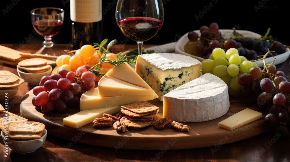 Elegant Gourmet Flat Lay of Artisanal Cheese and Wine with Natural Light Illumination Elegant Gourmet Flat Lay of Artisanal Cheese and Wine with Natural Light Illumination