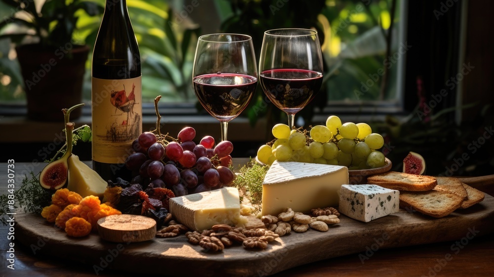 Exquisite Gourmet Flat Lay: Artisanal Cheese and Wine Pairing with Elegant Arrangement and Natural Light Ambiance Exquisite Gourmet Flat Lay: Artisanal Cheese and Wine Pairing with Elegant Arrangement and Natural Light Ambiance