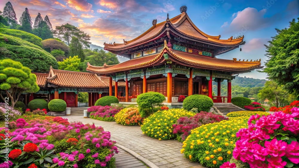 Chinese temple surrounded by lush garden with colorful flowers and tranquil atmosphere, Chinese, temple, garden Chinese temple surrounded by lush garden with colorful flowers and tranquil atmosphere, Chinese, temple, garden