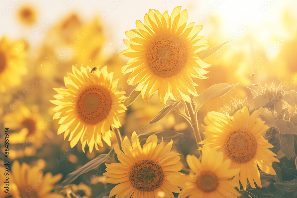 sunny sunflower field with golden blooms basking in the warm light and bees gathering nectar on a summer day sunny sunflower field with golden blooms basking in the warm light and bees gathering nectar on a summer day