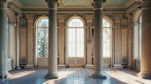 A stately classical room featuring large arched windows, ornate columns, and luxurious architectural design elements.