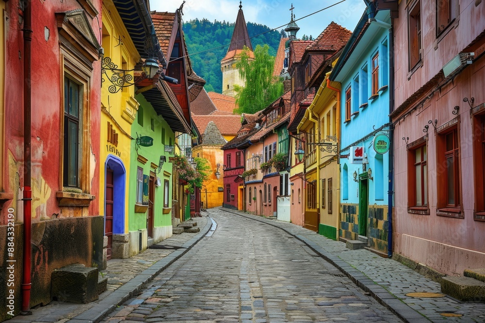 Traditional Street of a Historic European Town with Colorful Buildings and Old Church Traditional Street of a Historic European Town with Colorful Buildings and Old Church