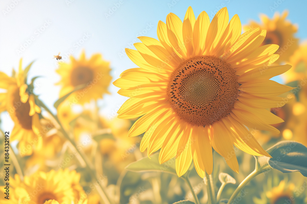 Fototapeta premium vibrant sunflower field with golden blooms basking in the sunlight and bees collecting nectar under a clear blue sky