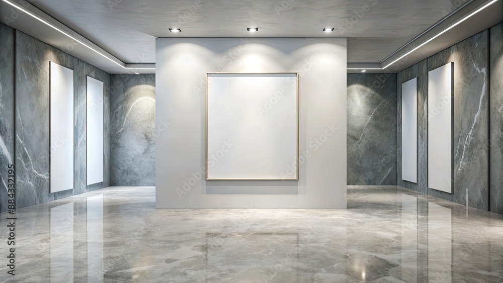 Fototapeta premium Sleek exhibition room with empty frame on Bianco Lasa marble floor, exhibition, room, sleek,empty frame