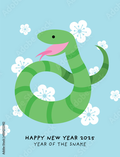 Happy new year ot snake 2025 plum blossoms flowers background. Green zodiac snake cartoon illustration.