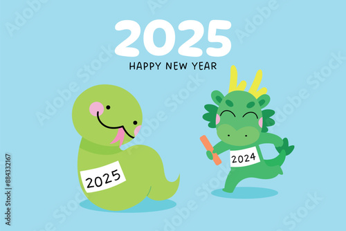 New year of the snake 2025 with snake and dragon relay race. Zodiac dragon passing a baton to zodiac snake. Chinese new year animals cartoon illustration.