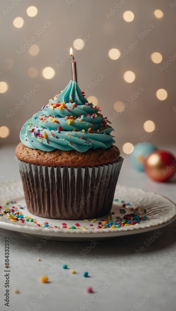 Delicious cupcake for a birthday celebration on light backdrop Delicious cupcake for a birthday celebration on light backdrop