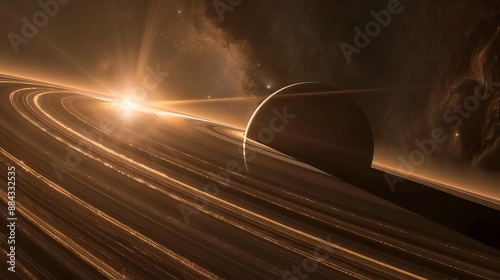 A breathtaking digital artwork featuring Saturn's rings illuminated by the rays of the sun, with a distant, mysterious planet in the background, creating an ethereal and surreal cosmic scene.