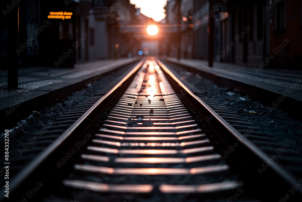 Railway tracks in city. City transport. View of the rails Railway tracks in city. City transport. View of the rails