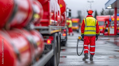 Wallpaper Mural Dynamic scene of propane delivery trucks at a fueling station, with operators in safety gear managing the refueling process, focus cover all object, deep dept of field Torontodigital.ca