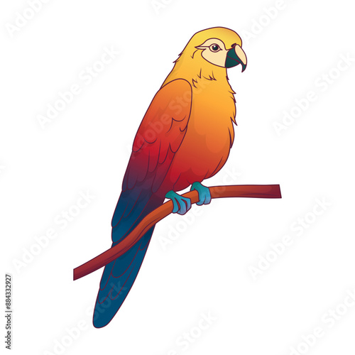 Vector illustration of parrot Macaw on tree branch. Tropical bird with colorful feathers.