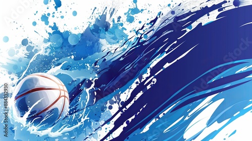 A dynamic and vibrant abstract illustration featuring splashing water and a basketball, evoking themes of energy and fluid motion within a visually striking composition.