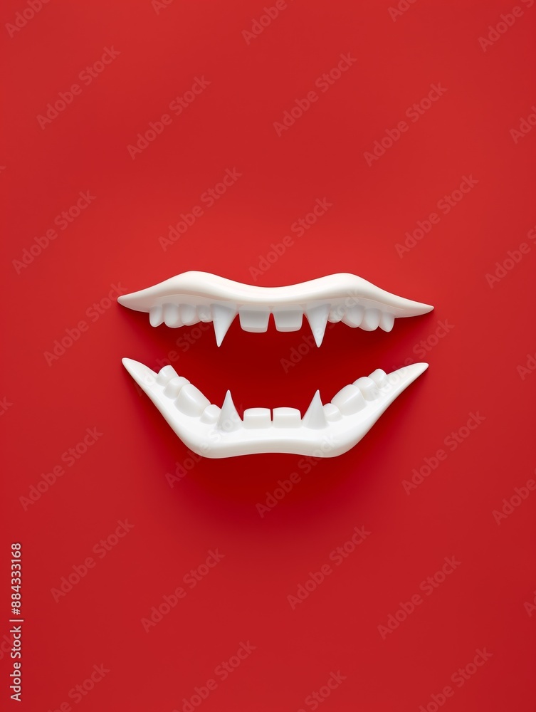 Naklejka premium Minimalist Vampire Fangs on Red Background - Bold and Striking Halloween Concept for Designs and Decor