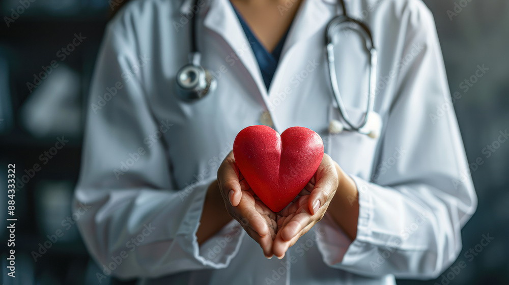 Doctor in a lab coat, holding a heart symbol, representing wellness and care