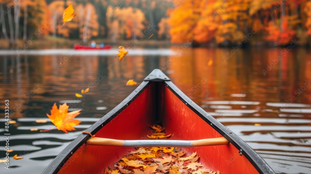 Obraz premium Vibrant autumn getaway with a serene lake, canoes, and golden leaves falling from the trees, creating a picturesque and peaceful scene, focus cover all object, deep dept of field