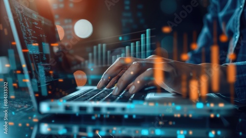 Close-up of hands typing on a laptop with marketing data