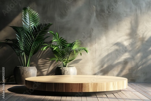 A minimalist interior features green plants and a round wooden coffee table, creating a serene and stylish living space. photo