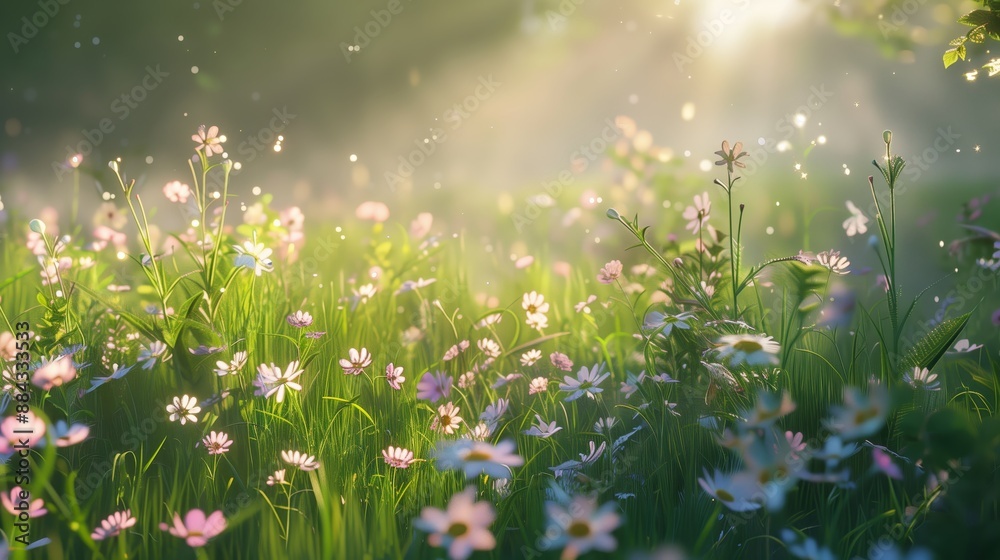 Fototapeta premium meadow with a soft focus effect, filled with blooming wildflowers and soft, diffused light creating a whimsical, dreamlike ambiance. 
