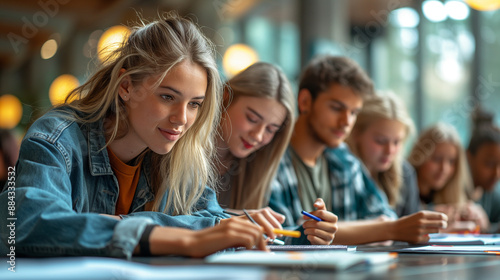 A telephoto angle photo of first-year students engaging in a group discussion during a study session, collaborating and helping each other, with copy space