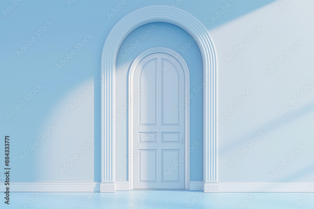 3d render of simple blue arched door with white frame on light blue wall background, high resolution photography 3d render of simple blue arched door with white frame on light blue wall background, high resolution photography