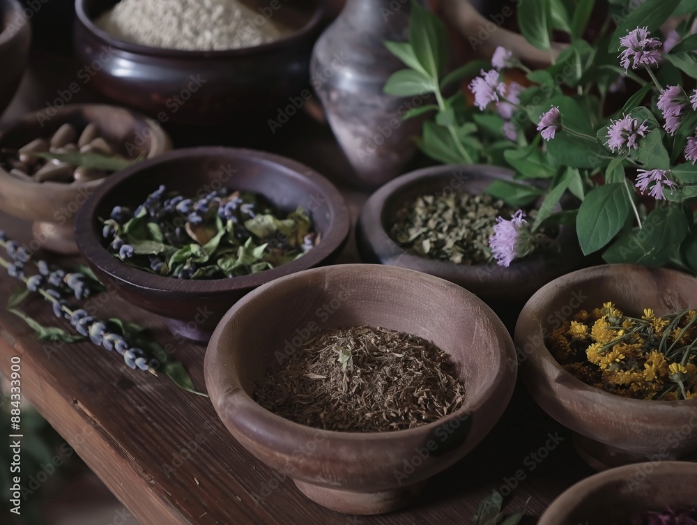 Herbal and floral plants in bowls for grinding. Organic natural folk medicine from flower, leaves Herbal and floral plants in bowls for grinding. Organic natural folk medicine from flower, leaves