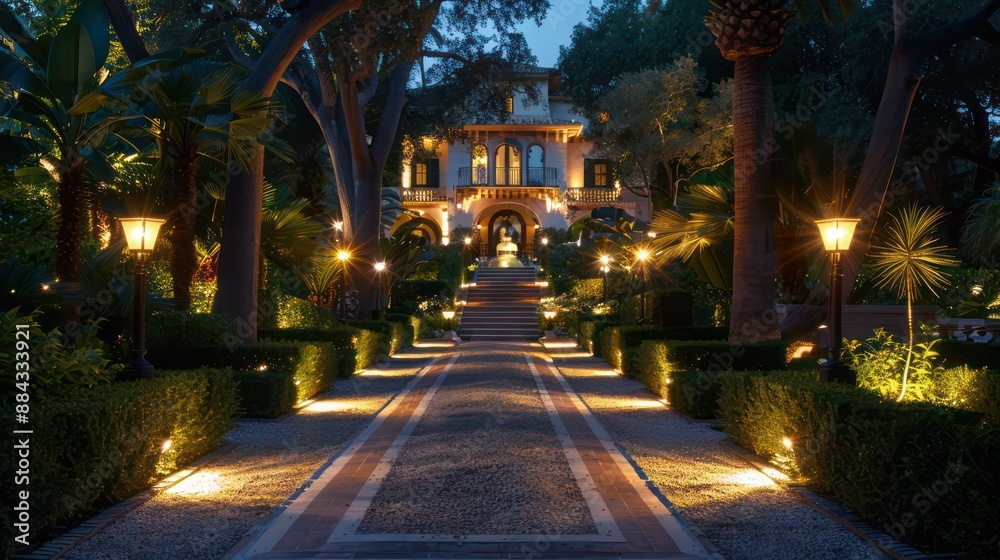 A beautifully lit pathway guides the view towards a luxurious mansion surrounded by lush greenery, evoking feelings of warmth, elegance, and mystery under the night sky. A beautifully lit pathway guides the view towards a luxurious mansion surrounded by lush greenery, evoking feelings of warmth, elegance, and mystery under the night sky.