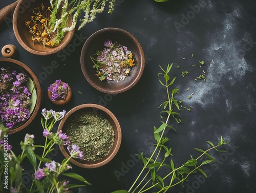 Herbal and floral plants in bowls for grinding. Organic natural folk medicine from flower, leaves photo