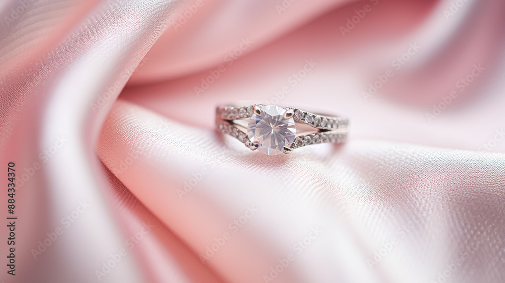 Obraz premium Jewellery, proposal and holiday gift, diamond engagement ring on pink silk fabric, symbol of love, romance and commitment inspiration