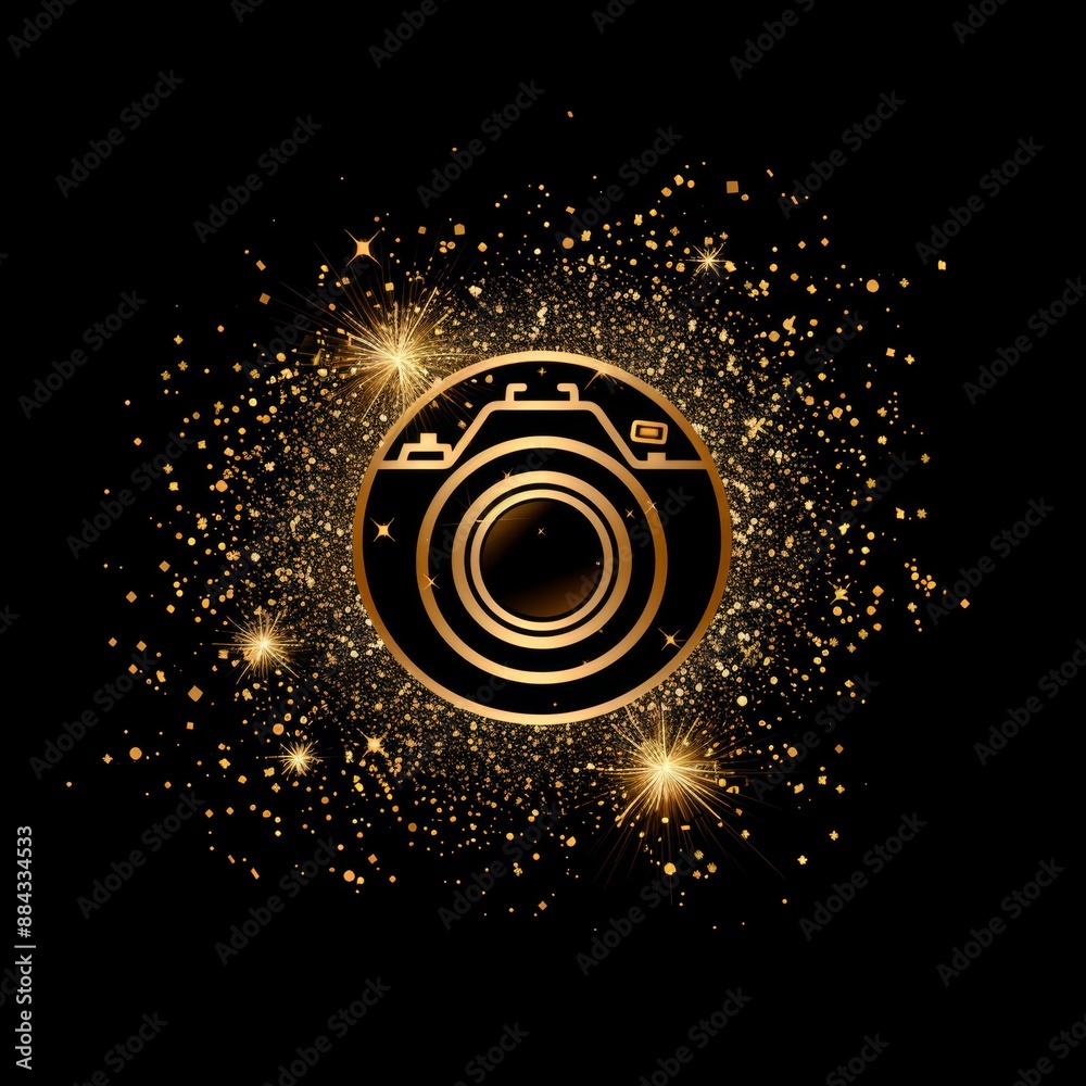 Golden camera logo inside a circle with sparkling golden particles on black background Golden camera logo inside a circle with sparkling golden particles on black background