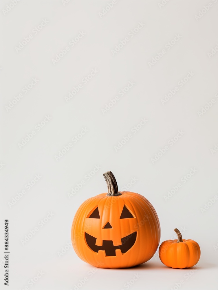 Two Carved Jack-o'-Lantern Pumpkins Isolated on White Background, Halloween Decoration Concept Two Carved Jack-o'-Lantern Pumpkins Isolated on White Background, Halloween Decoration Concept