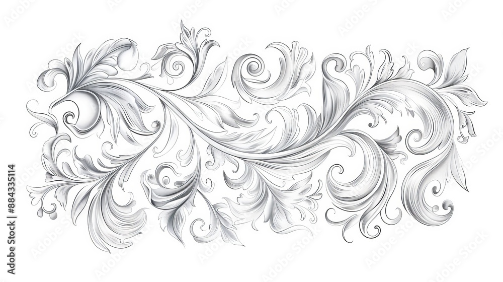 An exquisite scrolling floral decorative pattern in gray, featuring intricate swirls and foliage that create an ornate and elegant design, perfect for artistic projects. An exquisite scrolling floral decorative pattern in gray, featuring intricate swirls and foliage that create an ornate and elegant design, perfect for artistic projects.