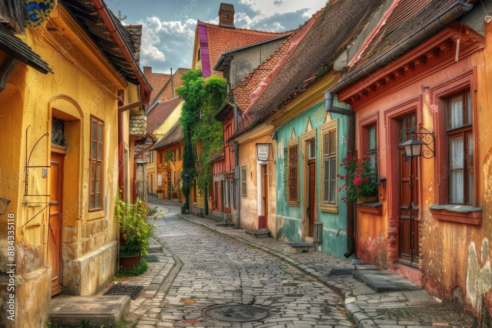 Fototapeta premium Charming Historic Town Street with Colorful Houses - Ideal for Travel and Architecture Design