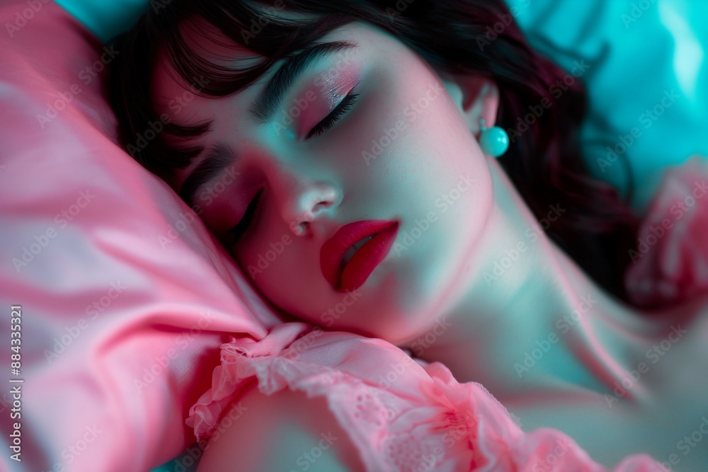 woman in a pink dress  with bright red lipstick makeup sleeping in the bed. 